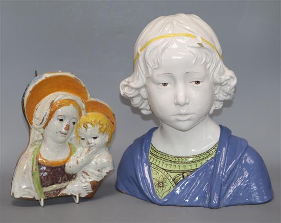 A Cantagalli maiolica bust of a boy, after Andrea Della Robbia and a fragment maiolica relief of the virgin and child (2) height 31cm